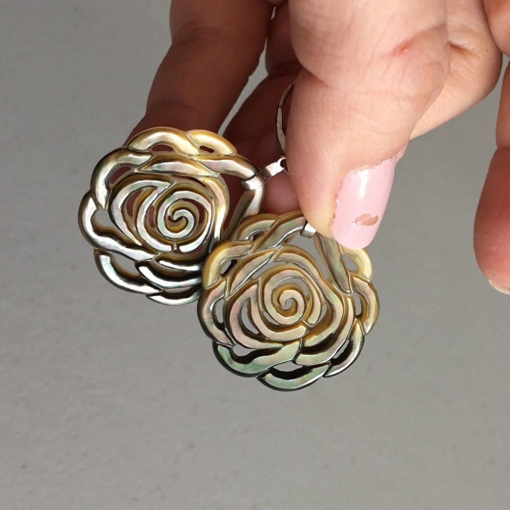 Black Mother of a Pearl Carved Flower Earrings